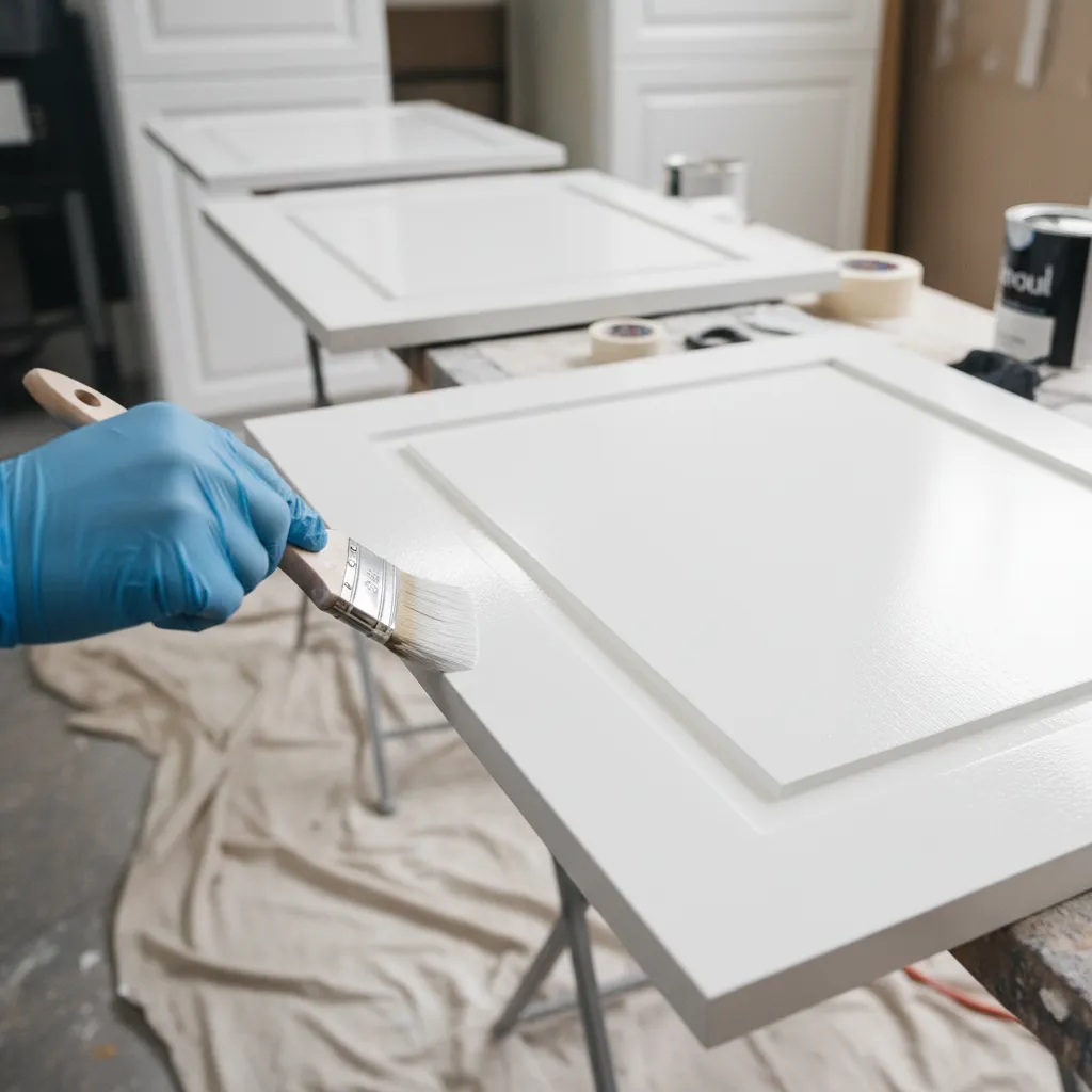 close-up of painting kitchen cabinet door with smooth brush strokes