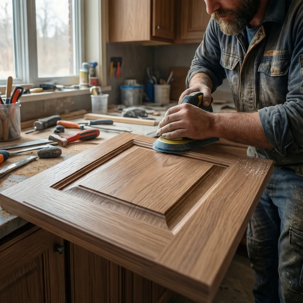 sanding kitchen cabinet door before repainting