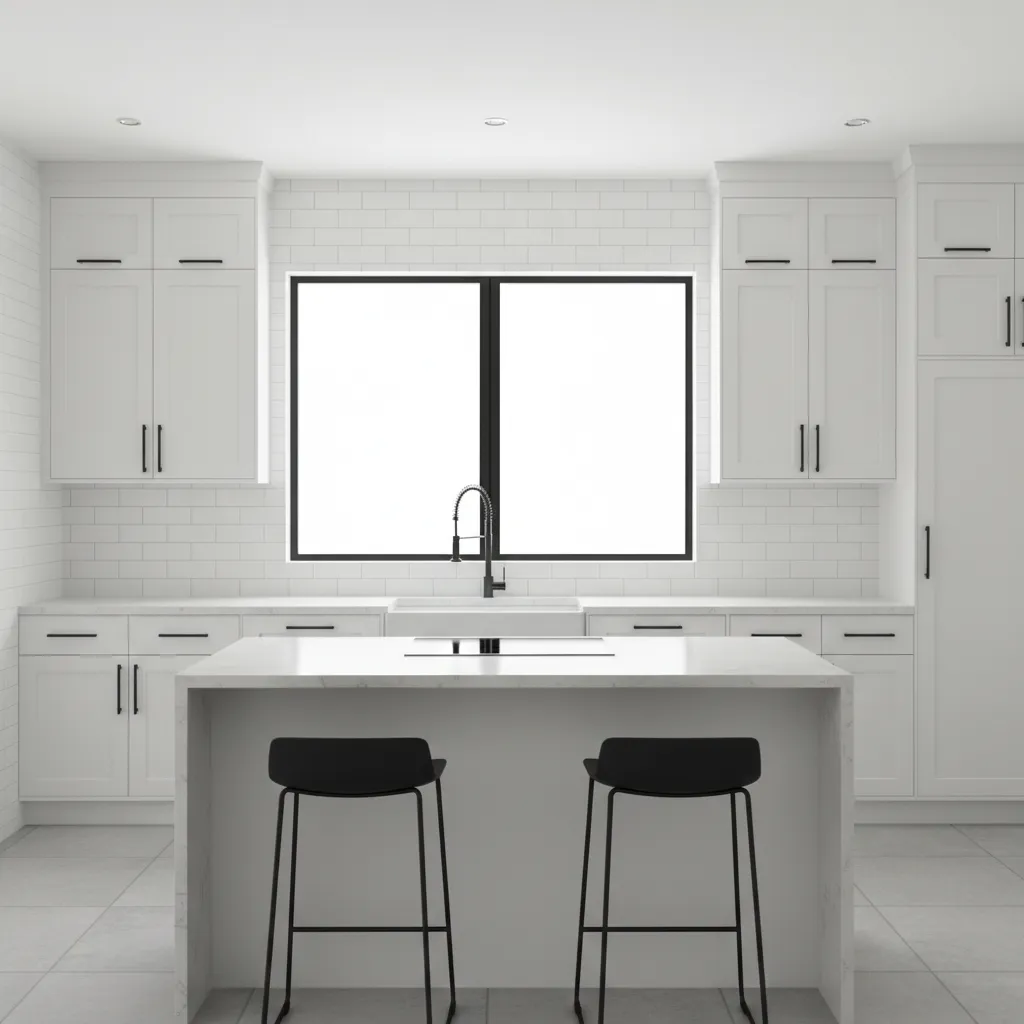 Kitchen cabinets painted white with modern handles during budget upgrade