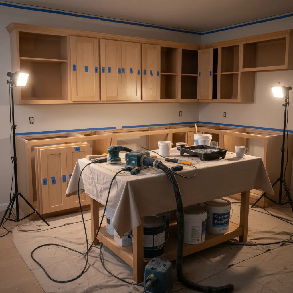 kitchen cabinet doors removed and prepared for sanding and painting