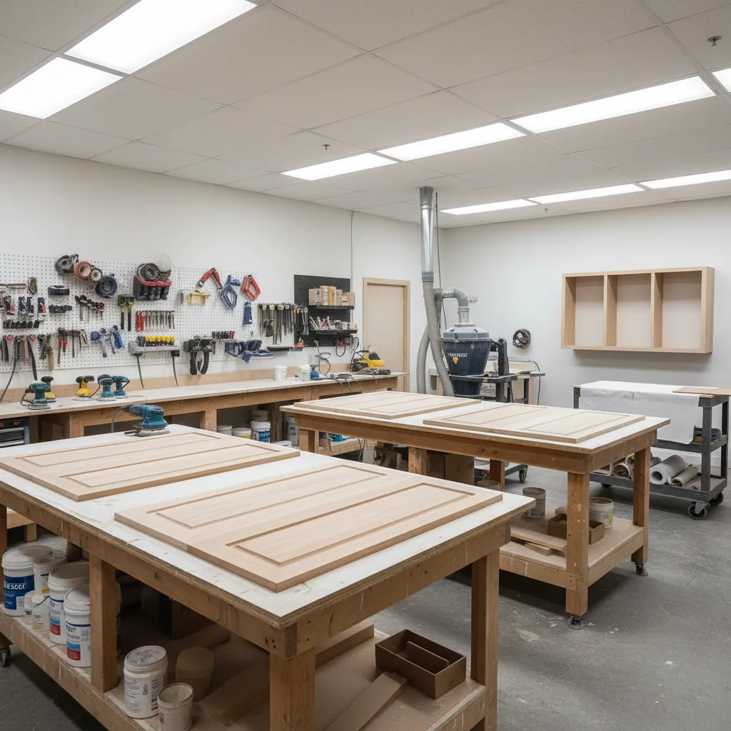 cabinet doors laid out during sanding and preparation stage