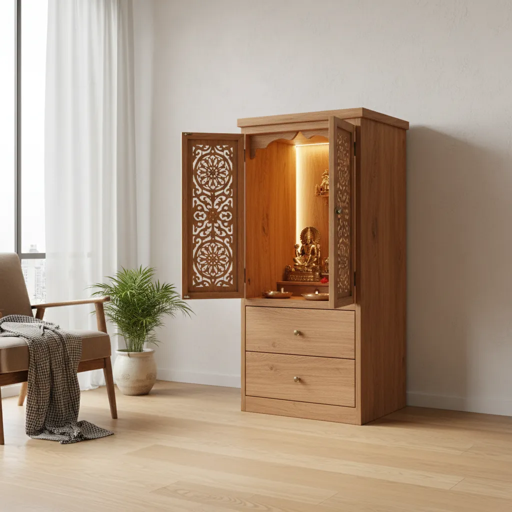 Compact wooden cabinet pooja unit with doors and storage drawers