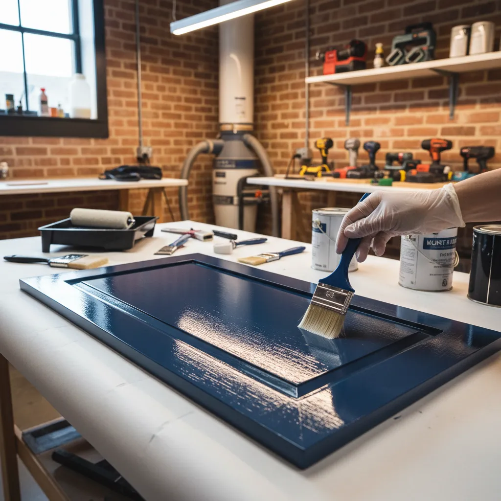 Applying protective clear coat to painted kitchen cabinet doors