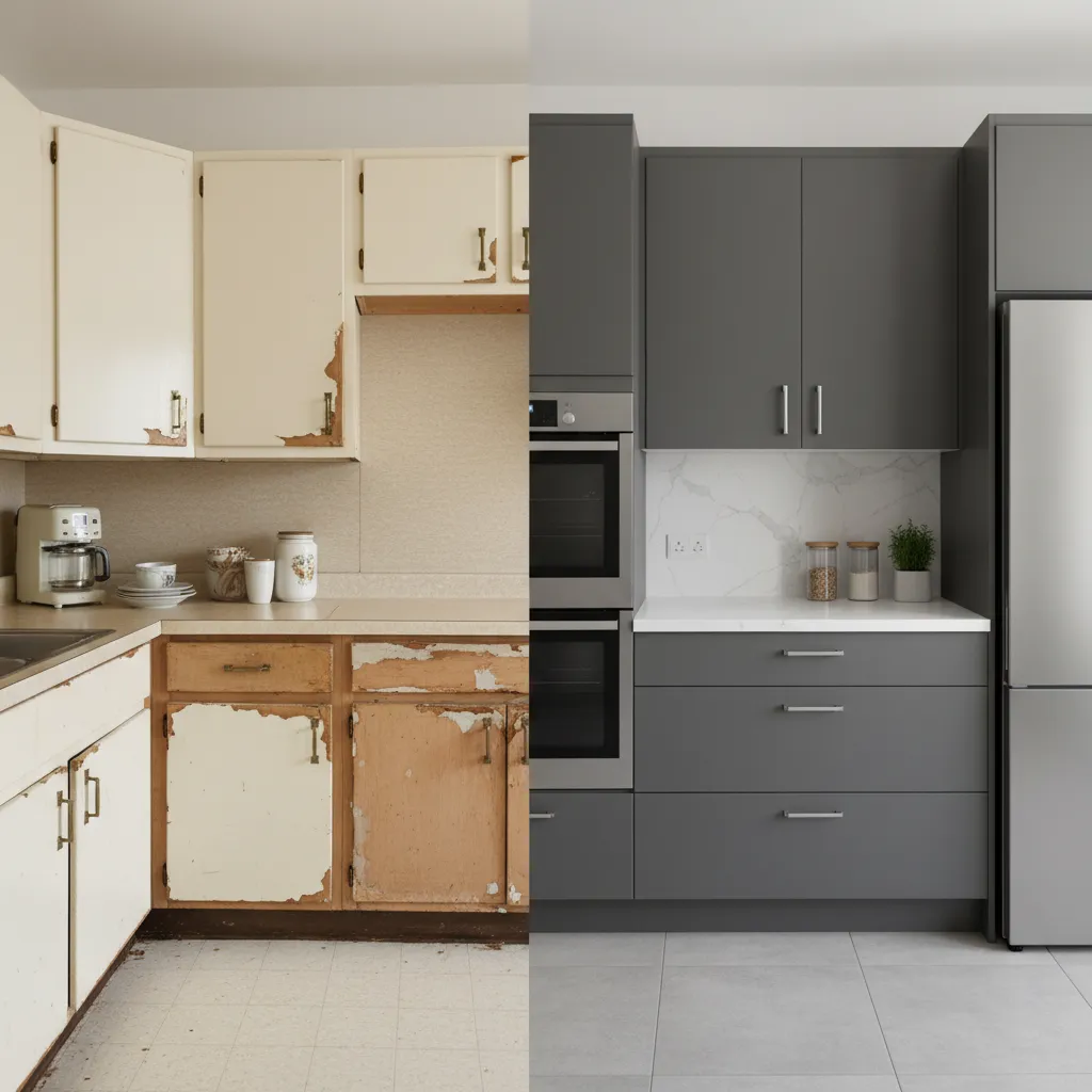 Before and after comparison of kitchen cabinet refacing