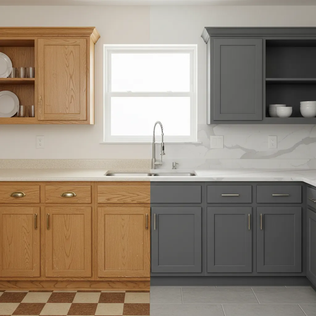 before and after cabinet refacing comparison in kitchen renovation