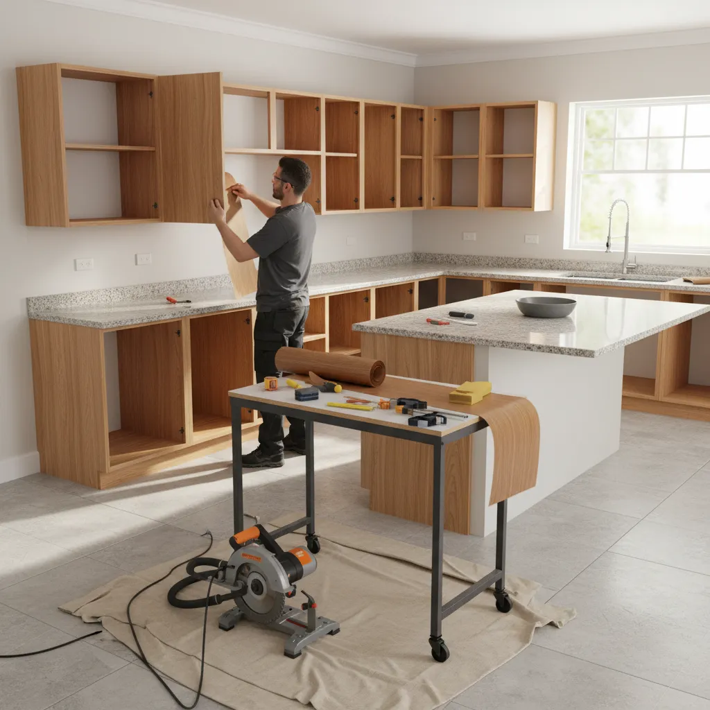 kitchen cabinet doors removed with veneer applied to cabinet boxes