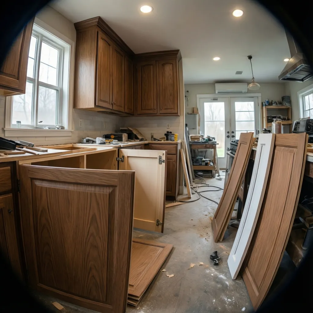 kitchen cabinet refacing process showing new doors and veneer installation