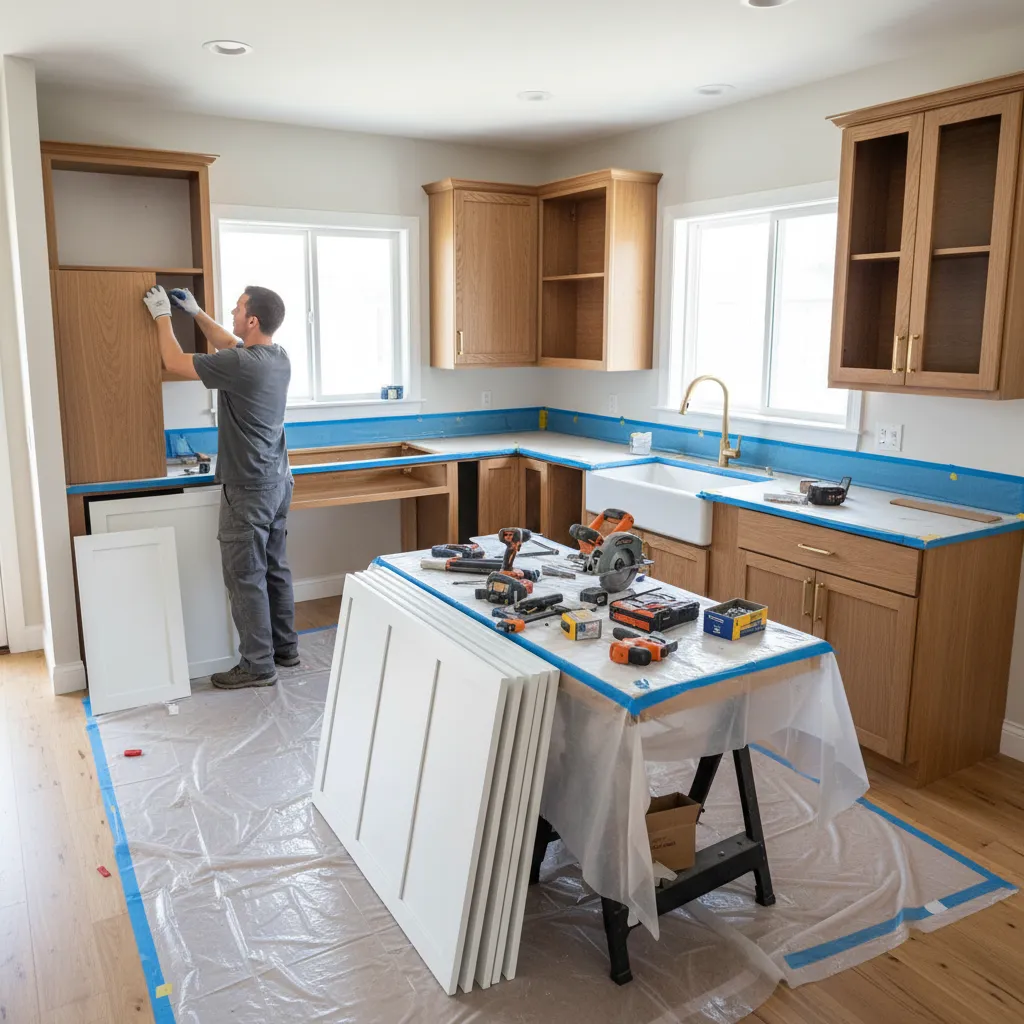 Kitchen cabinet refacing process showing new doors and veneered cabinet boxes