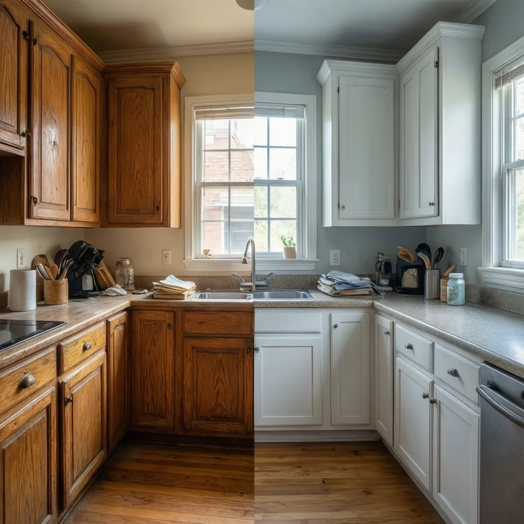 Before and after refinished kitchen cabinets comparison