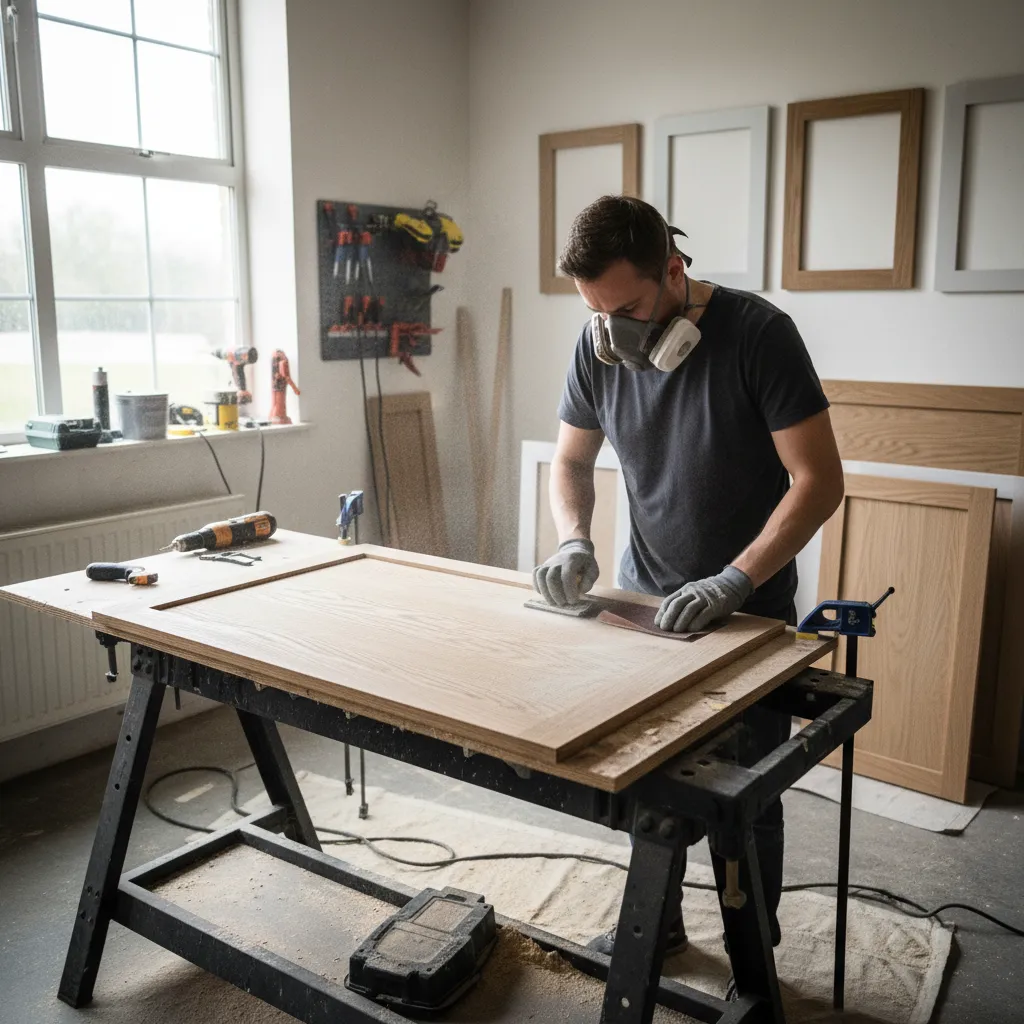 Cabinet door being sanded during refinishing process