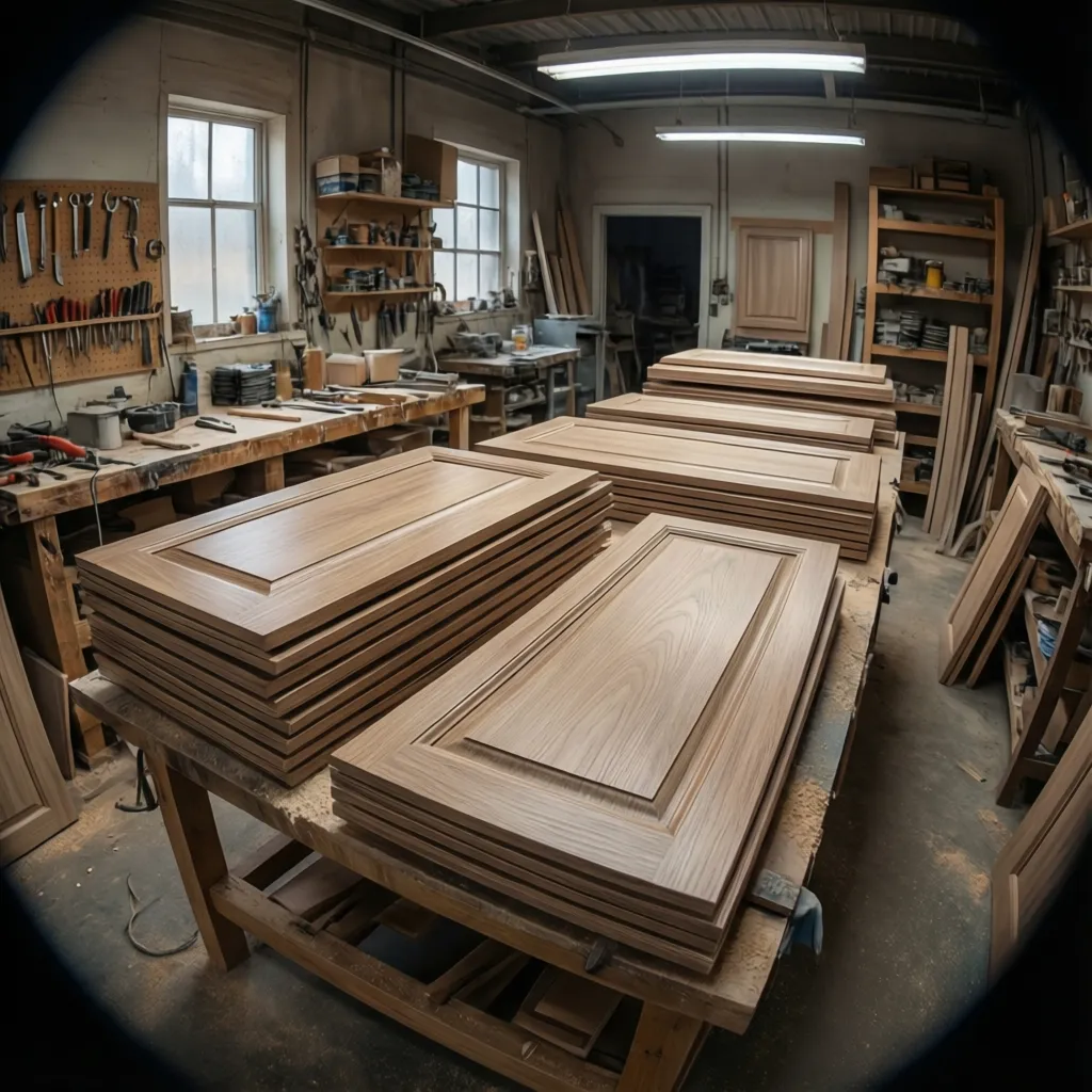 Cabinet doors removed and prepared for refinishing in a professional workshop