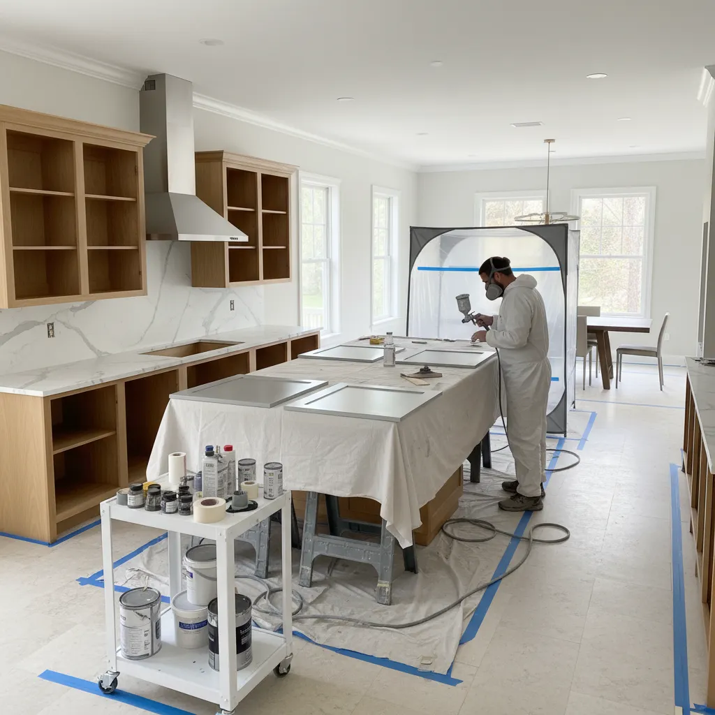 Kitchen cabinets being repaired and repainted after failed refinishing