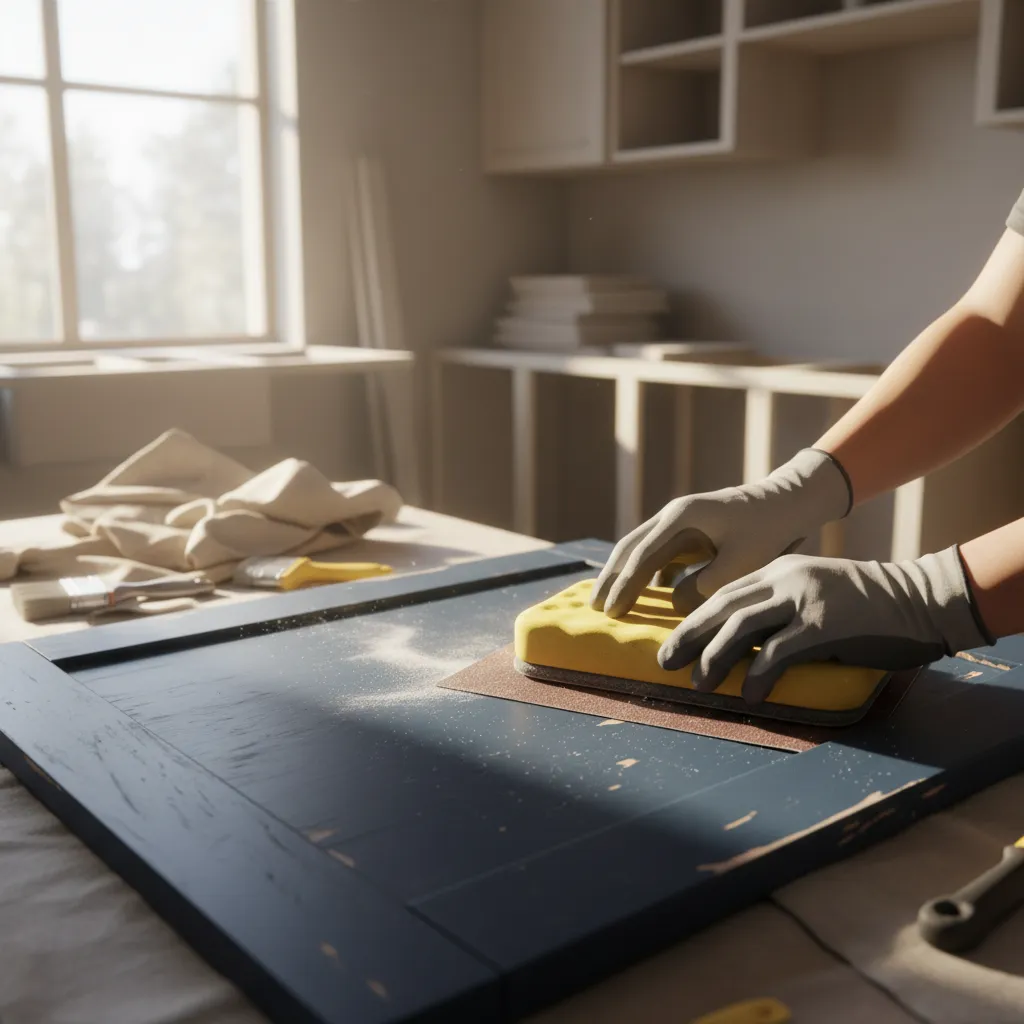 Kitchen cabinet door being sanded during refinishing preparation