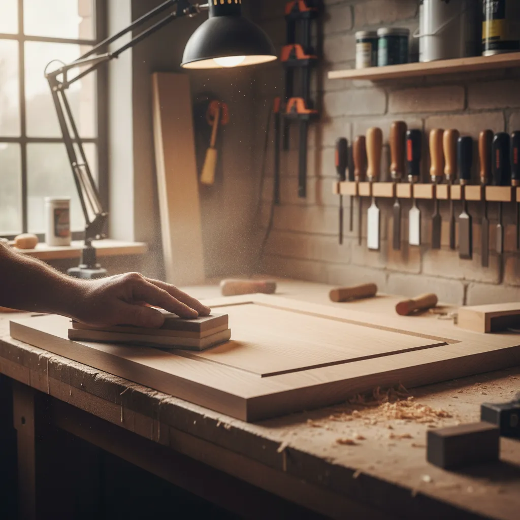 Kitchen cabinet doors being sanded during preparation before painting