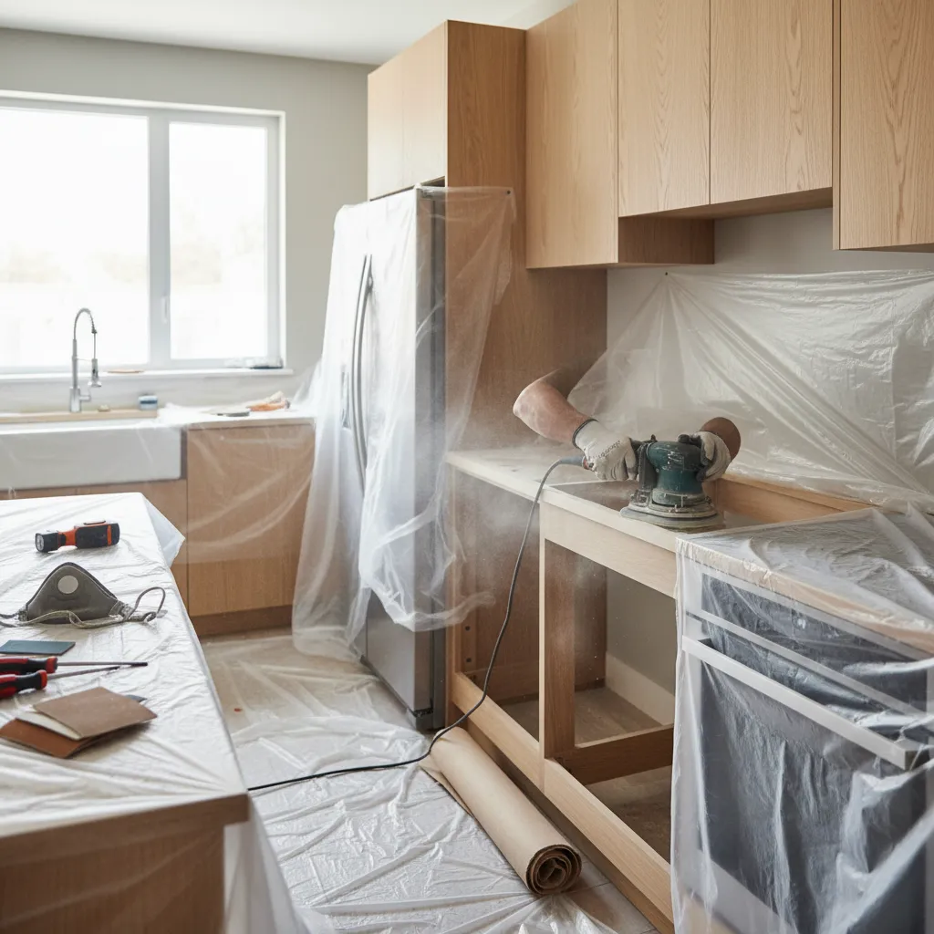 Professional sanding kitchen cabinets before repainting