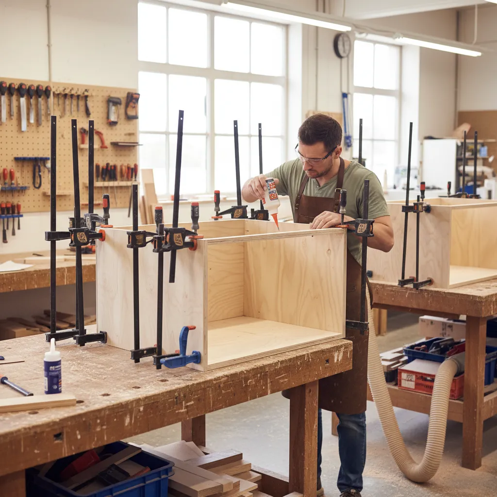 Cabinet shop assembling wooden cabinet box using wood glue and clamps