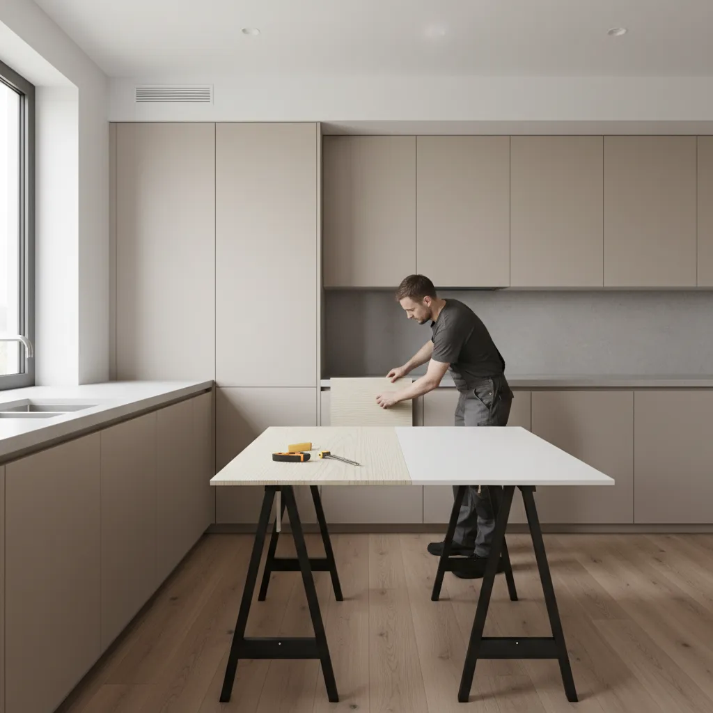 DIY cabinet skin installation on modern kitchen cabinet doors