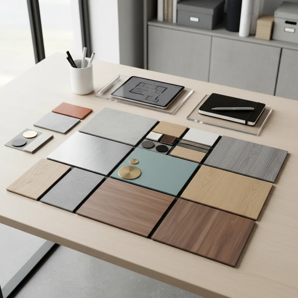 Samples of laminate pvc and wood veneer cabinet materials on a design desk