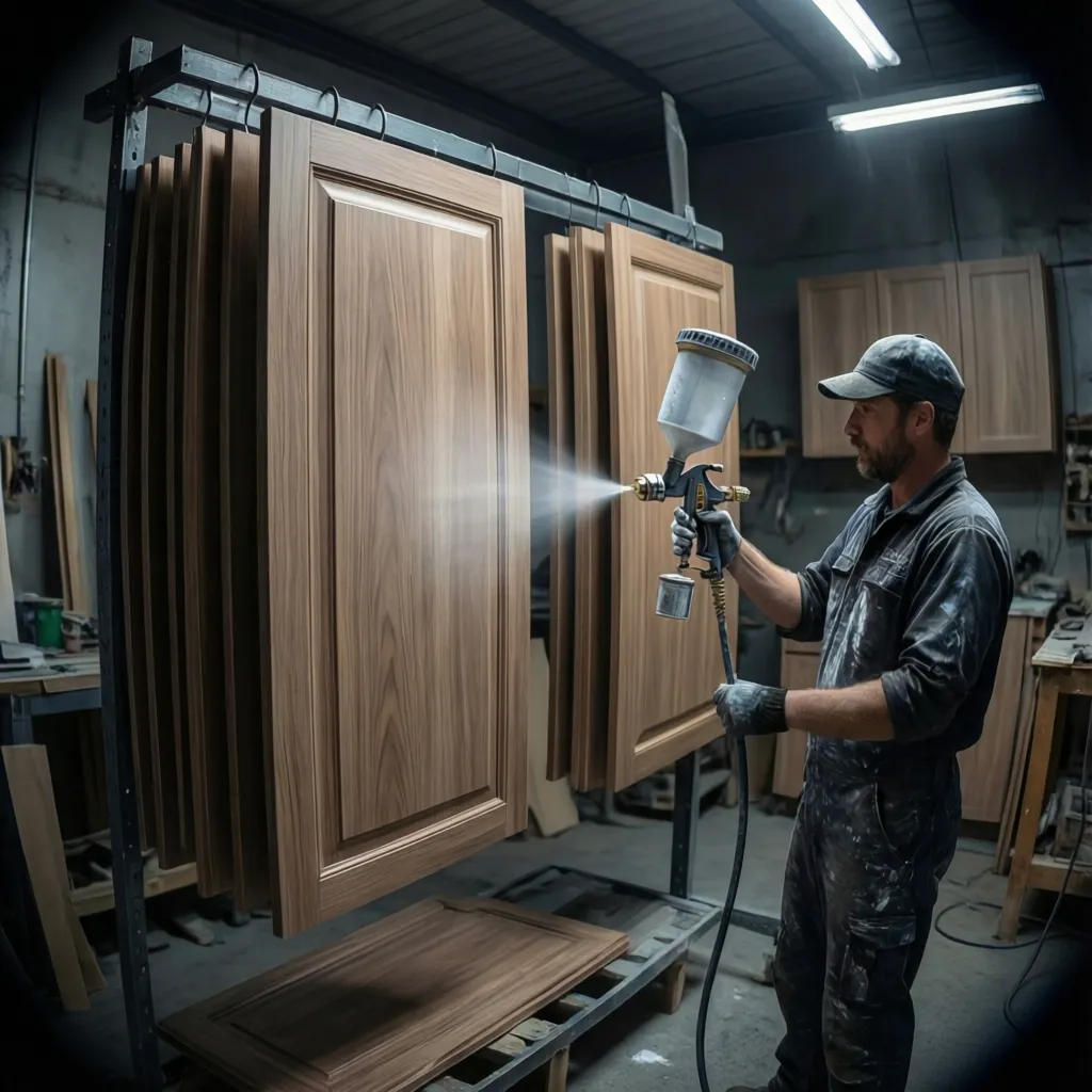 Cabinet doors being spray finished in a professional spray booth