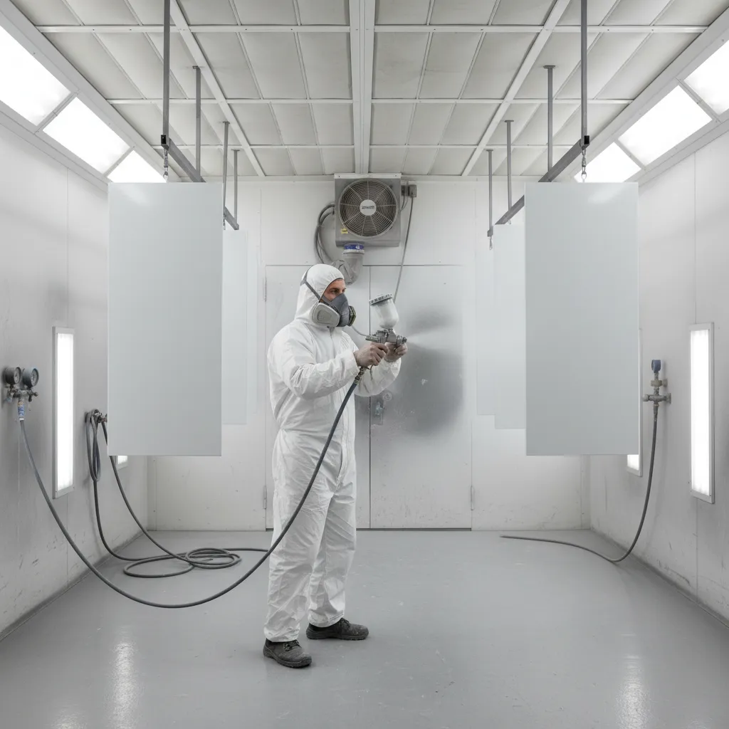 Professional spraying cabinet doors with paint in controlled finishing area