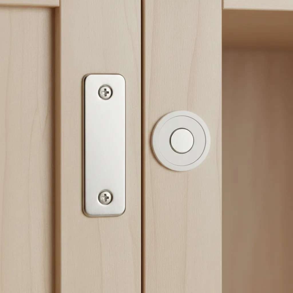 Cabinet strike plate aligning with magnetic catch