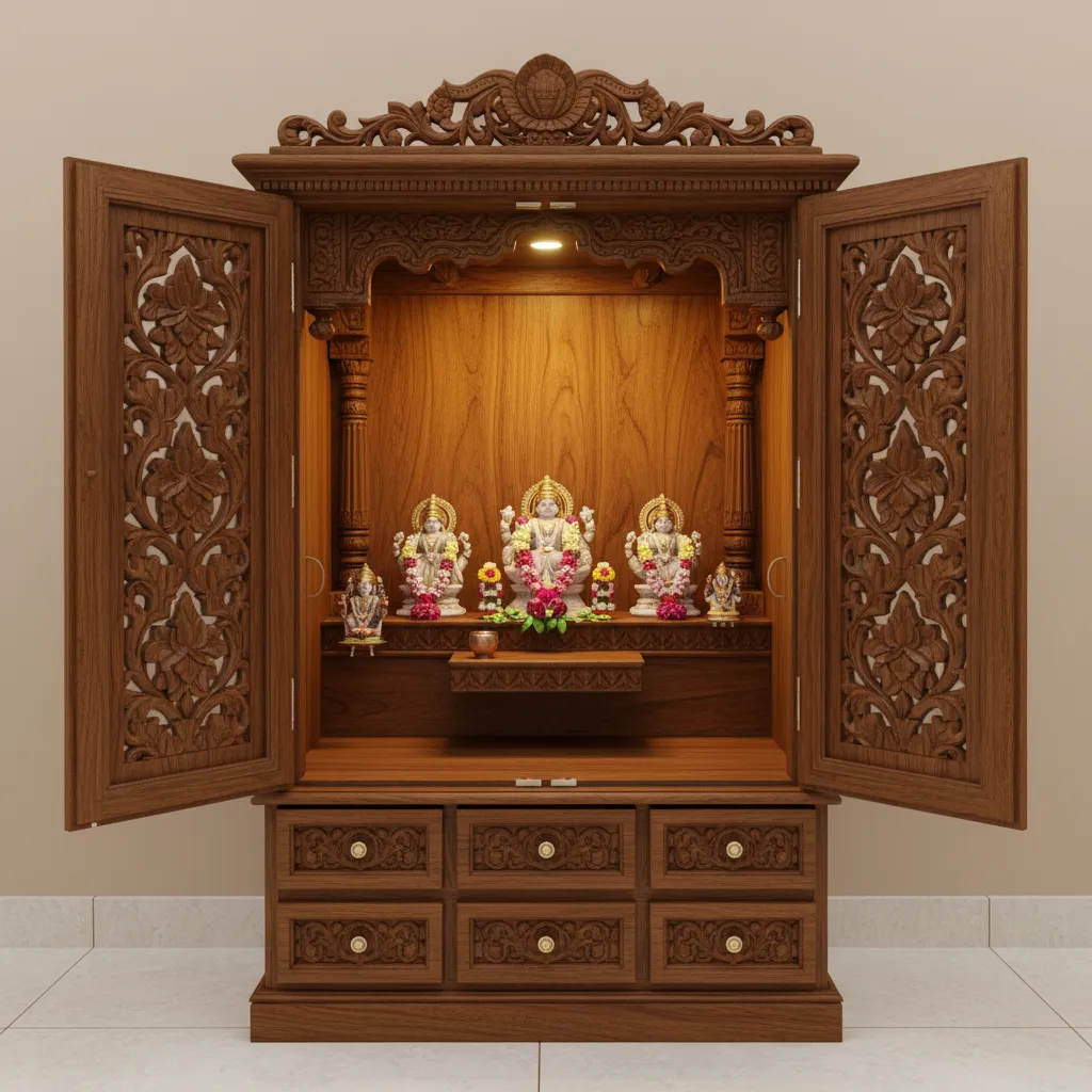 wooden cabinet style pooja mandir with doors and storage drawers