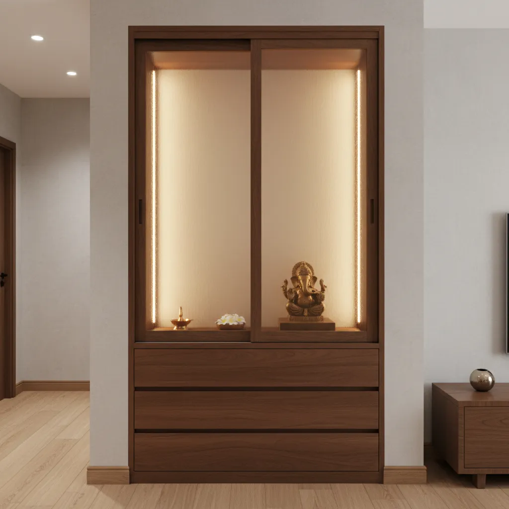Compact cabinet style mandir integrated into apartment wall storage
