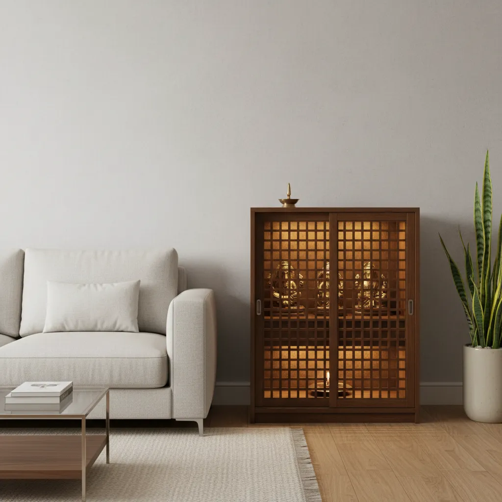 Compact cabinet style mandir with sliding doors and soft lighting