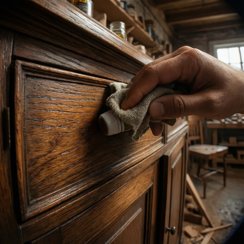 close view of cleaning and preparing antique cabinet wood surface before sanding