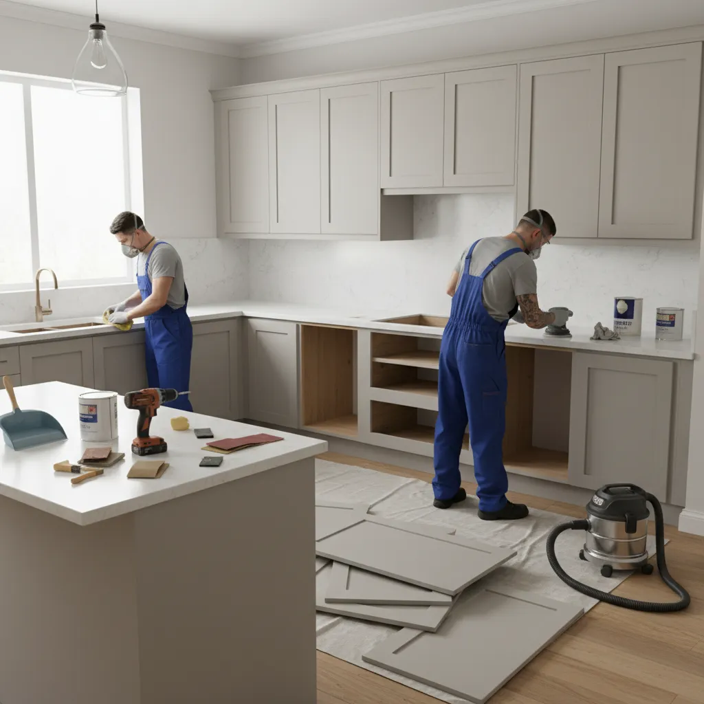 Cleaning and sanding cabinet surfaces before installing cabinet skins