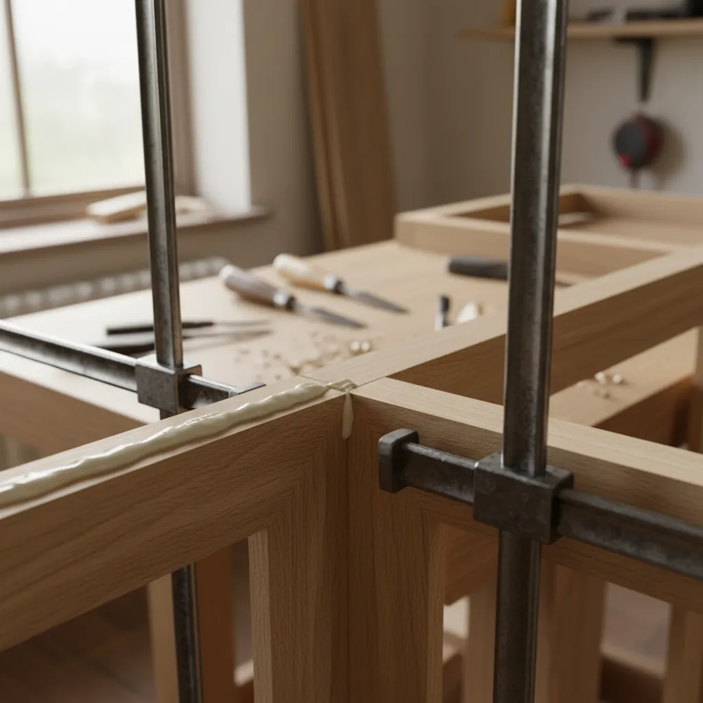 wood glue applied to wooden cabinet joint with clamps