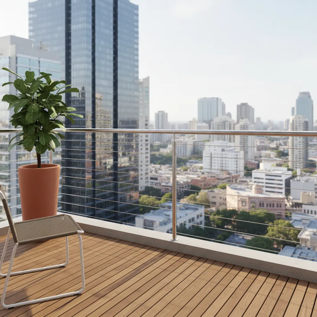 modern cable railing system on a small apartment balcony