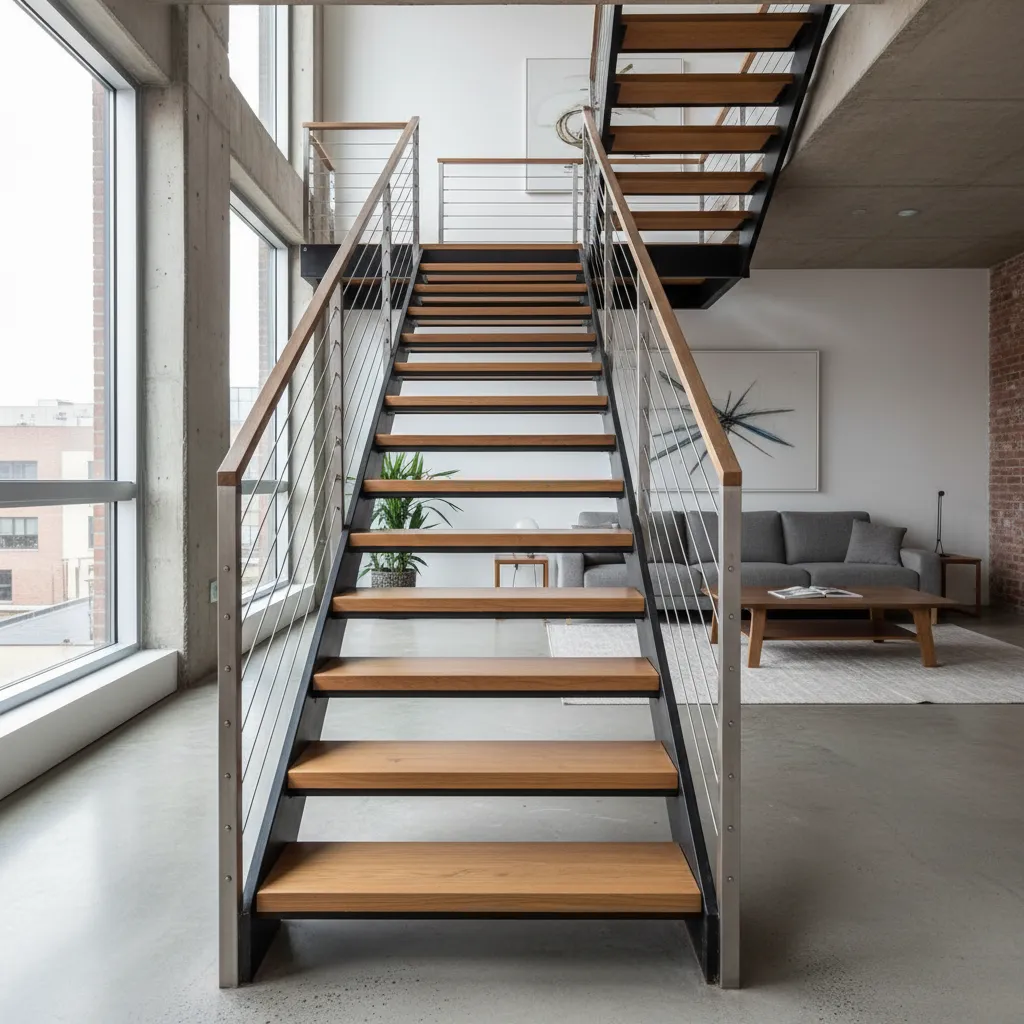 Modern wooden stairs with wire railing in living room with grey sofa and large windows
