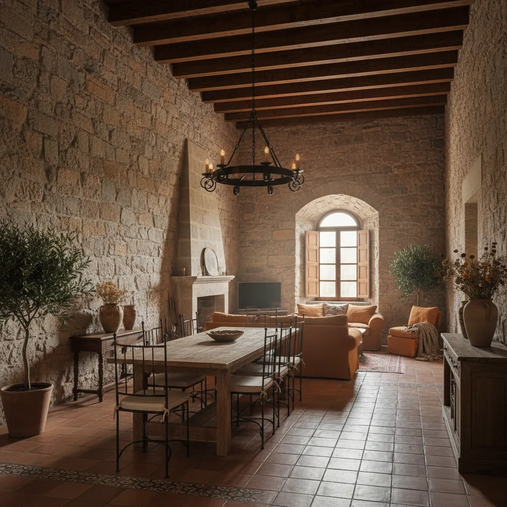 Interior de un apartamento histórico en Cáceres con muros de piedra y techo alto