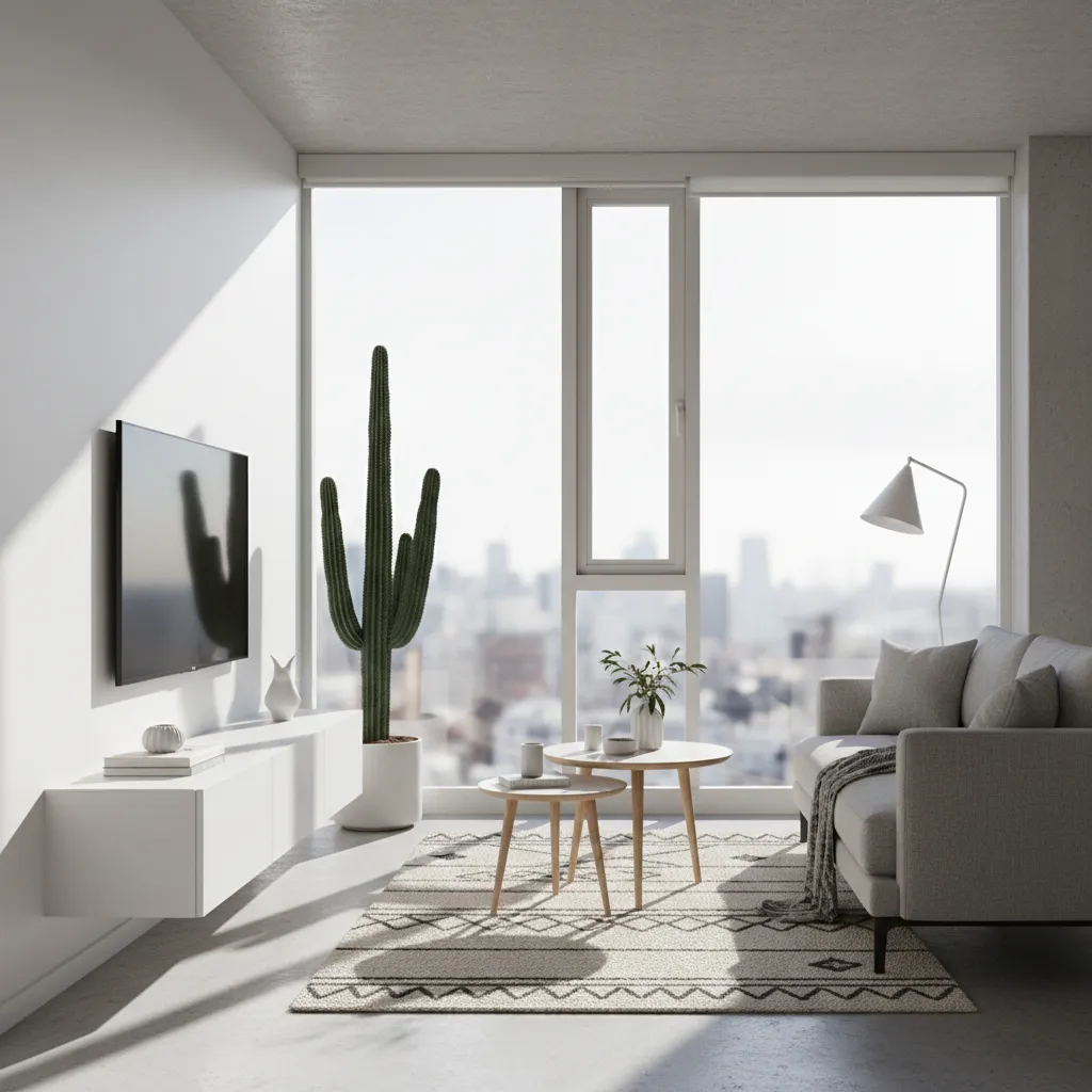 Modern living room with grey sofa, tall cactus, white cabinet, and large window showing city skyline