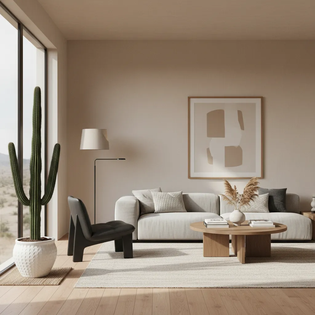 Modern living room with beige walls tall cactus white sofa black chair and coffee table