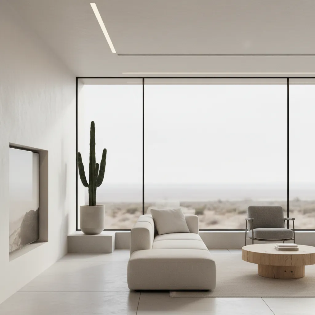 Minimalist white living room with large windows desert view tall cactus sofa and coffee table