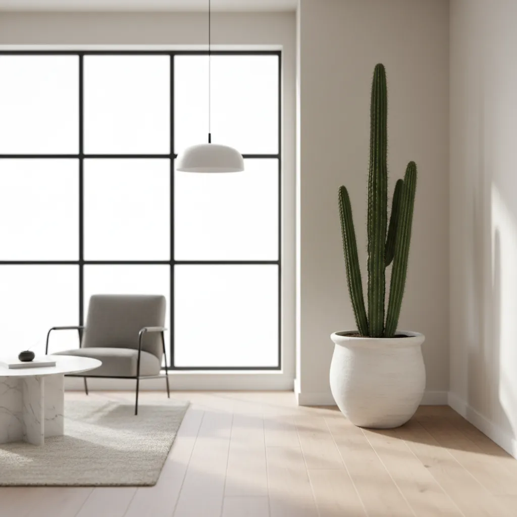 Tall green cactus in white pot with armchair and marble coffee table near large bright window