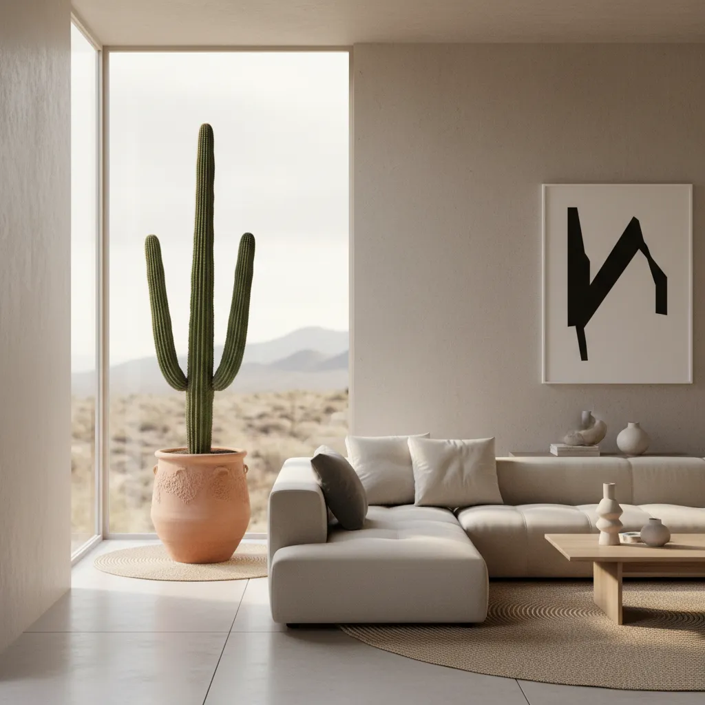 Large cactus in a clay pot standing in a modern living room with a white sofa