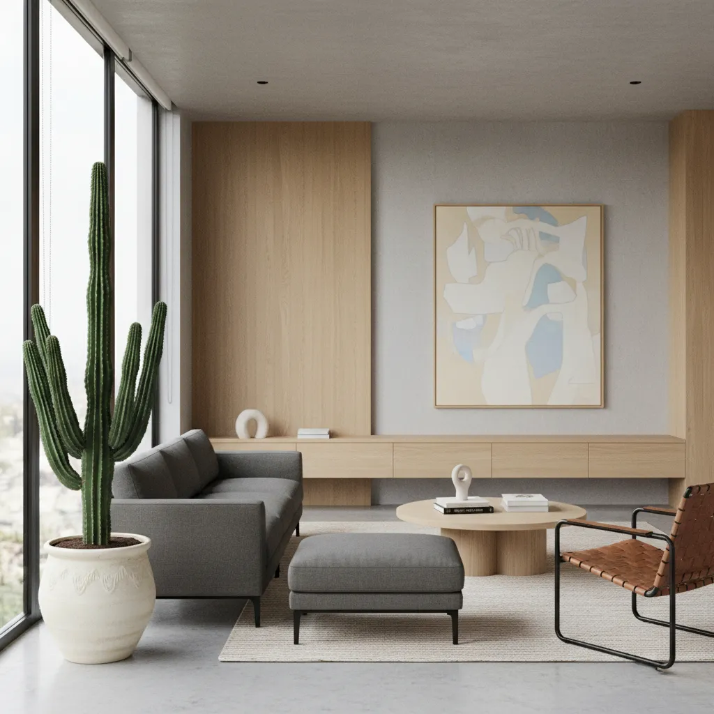 Modern living room with grey sofa, footrest, wood wall panel, large cactus, and abstract art
