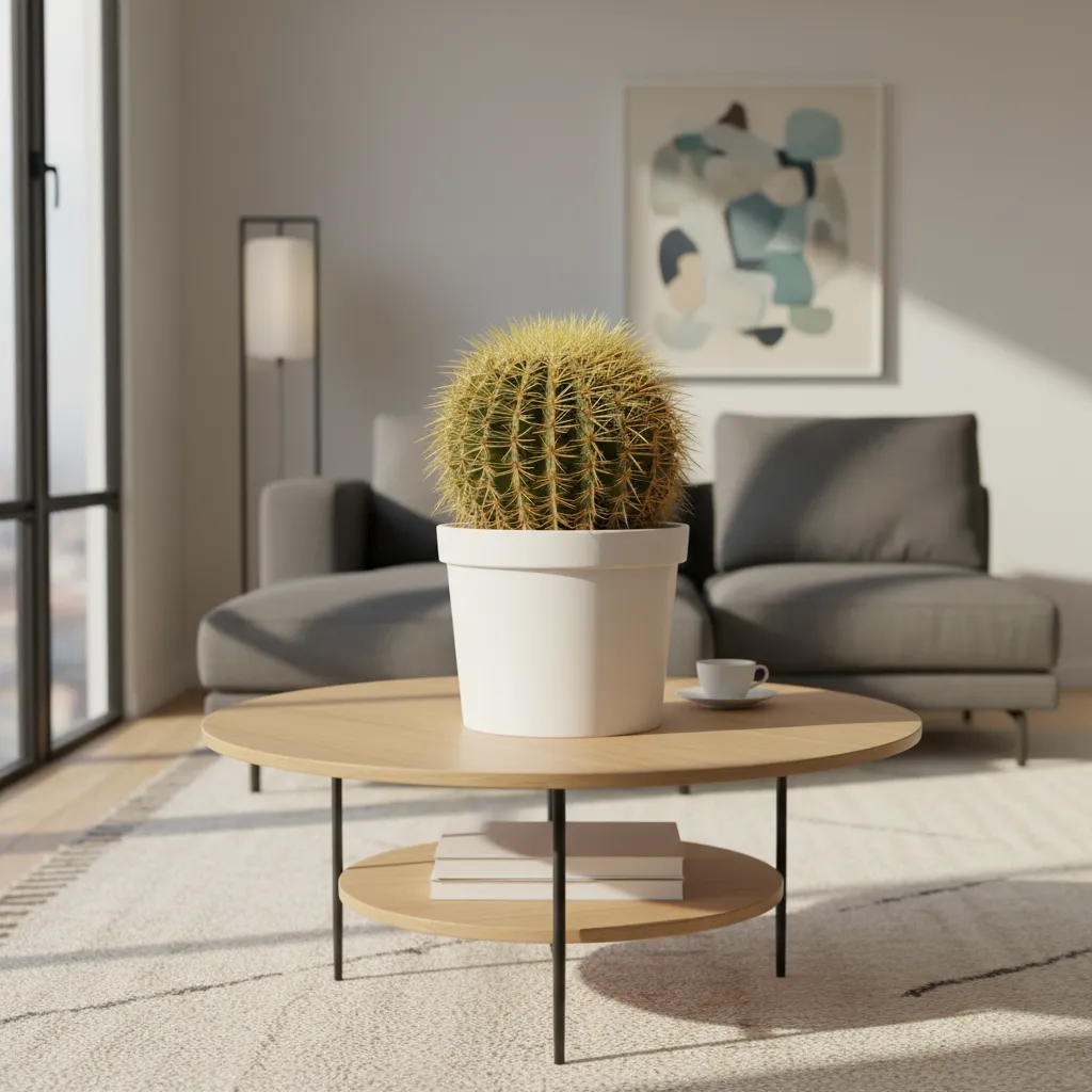 Round green cactus in a white pot placed on a wooden coffee table in a room