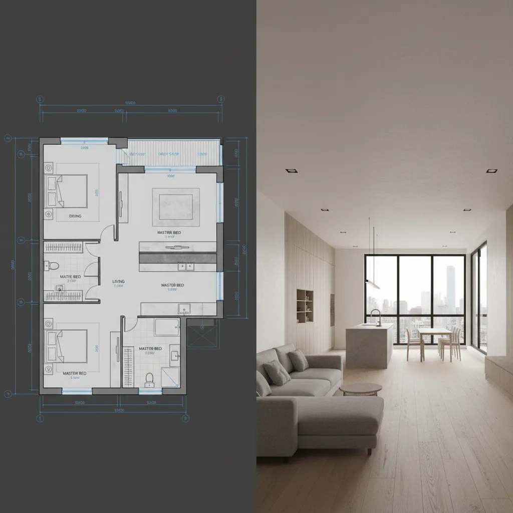 visual comparison between 2D CAD floor plan and generated 3D architectural model