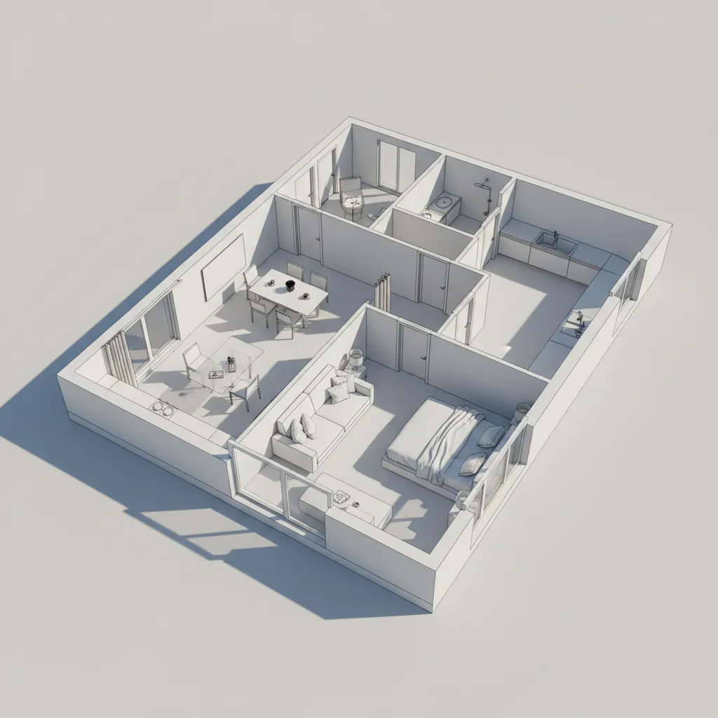 CAD wireframe 3D floor plan showing walls and layout lines