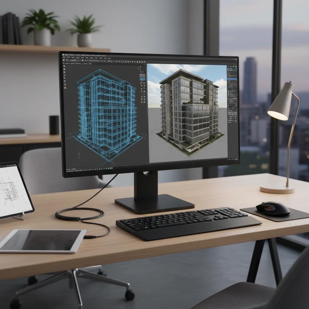 computer screen showing detailed 3D CAD modeling interface with geometric shapes
