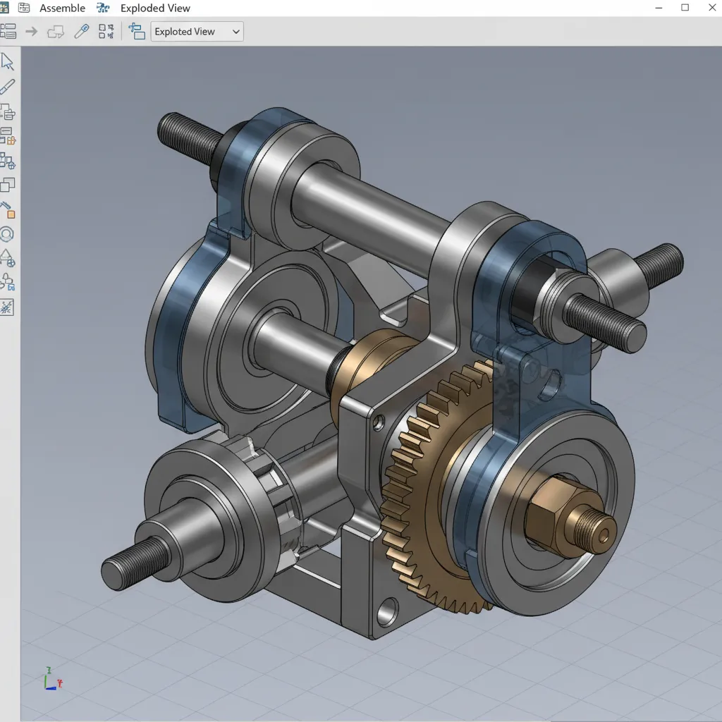 Detailed mechanical CAD assembly with gears bolts and brackets in engineering software