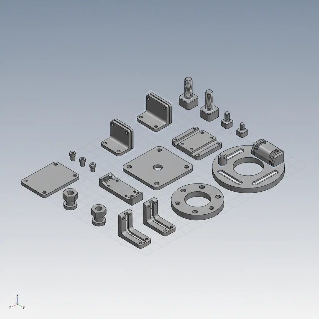 3D mechanical assembly using reusable CAD components like bolts brackets and connectors