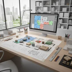 Interior design drawing showing a desk and computer monitor displaying a colorful room layout design
