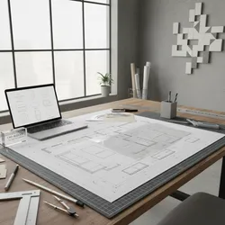 Architectural workspace with house floor plan drawing laptop ruler pens and window in the background