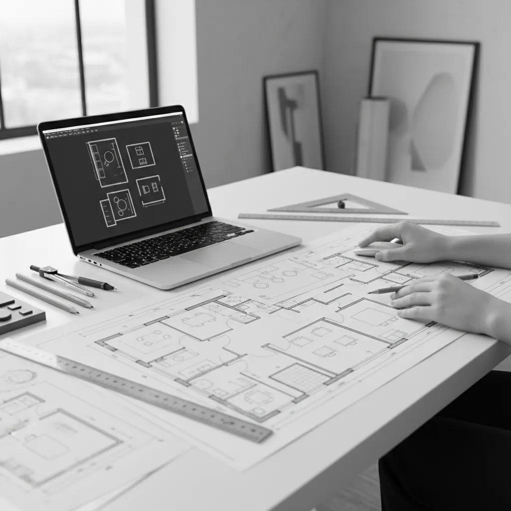 Laptop showing interior design drawings next to paper floor plans with hands using a mouse