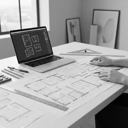 Laptop showing interior design drawings next to paper floor plans with hands using a mouse